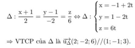 Trong không gian với hệ tọa độ Oxyz, cho điểm I(-1; 2; 0) và đường thẳng : (x+1)/2 = (y-1)/-2 = z/6