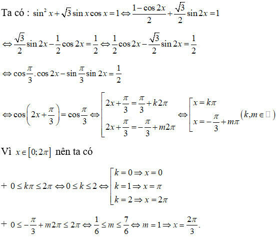 Phương trình sin2x +√3sinxcosx = 1 có bao nhiêu nghiệm thuộc [0;2π[