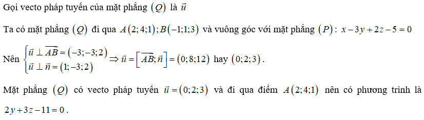 Trong không gian Oxyz, cho mặt phẳng (P): x - 3y + 2z - 5 = 0 và hai điểm A(2;4;1), B(-1;1;3). Viết phương trình mặt phẳng (Q) đi qua hai điểm A, B