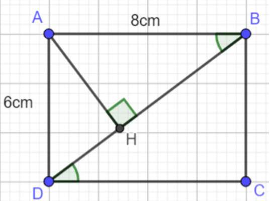 Cho hình chữ nhật ABCD có AB = 8cm, BC = 6cm. Vẽ đường cao AH của tam giác ADB