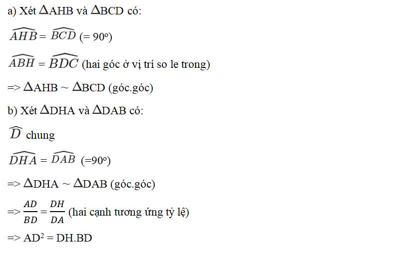 Cho hình chữ nhật ABCD có AB = 8cm, BC = 6cm. Vẽ đường cao AH của tam giác ADB (ảnh 2)
