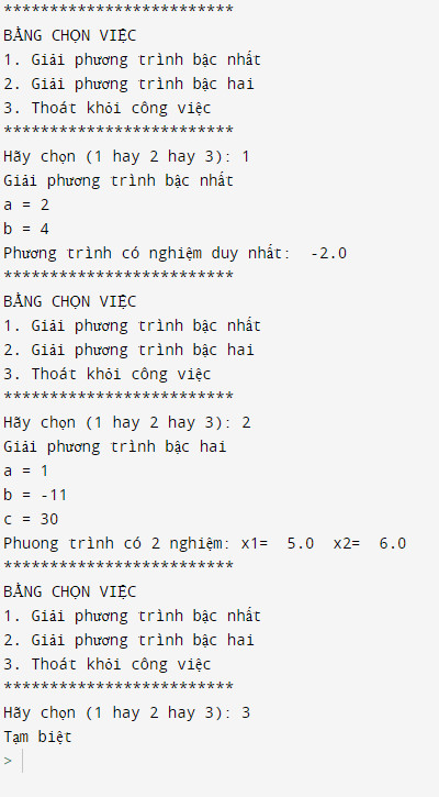 Bài 1 trang 92 Tin học 10 Cánh diều: Chương trình cho trong Hình 1 nhằm tạo một bảng chọn việc, để người chạy chương trình chọn cho máy tính giúp giải phương trình bậc nhất hay giải phương trình bậc hai.