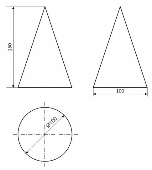 Lựa chọn tỉ lệ thích hợp, vẽ hình chiếu vuông góc của khối nón có đường kính đáy d = 100 mm, chiều cao nón h = 150 mm.