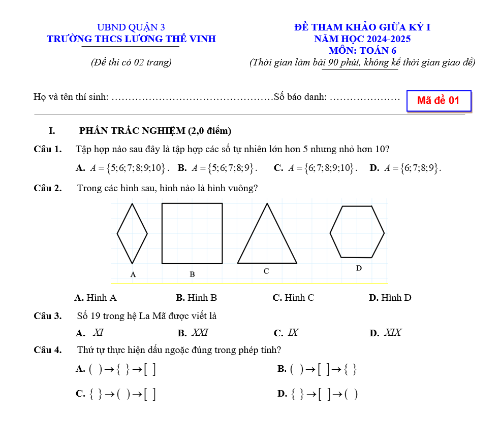 Đề kiểm tra Giữa kì 1 Toán 6