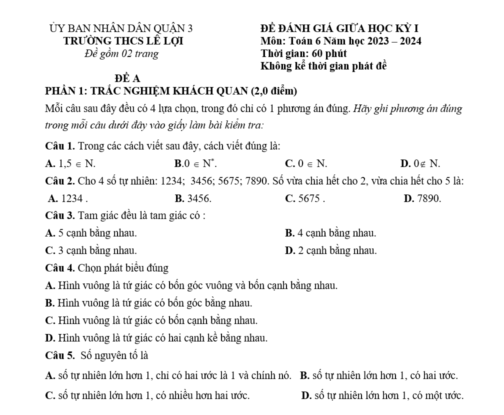Đề kiểm tra Giữa kì 1 Toán 6
