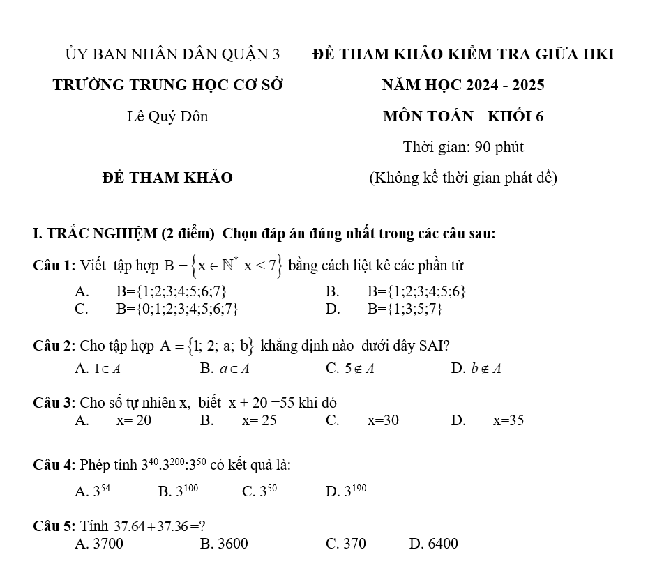 Đề kiểm tra Giữa kì 1 Toán 6