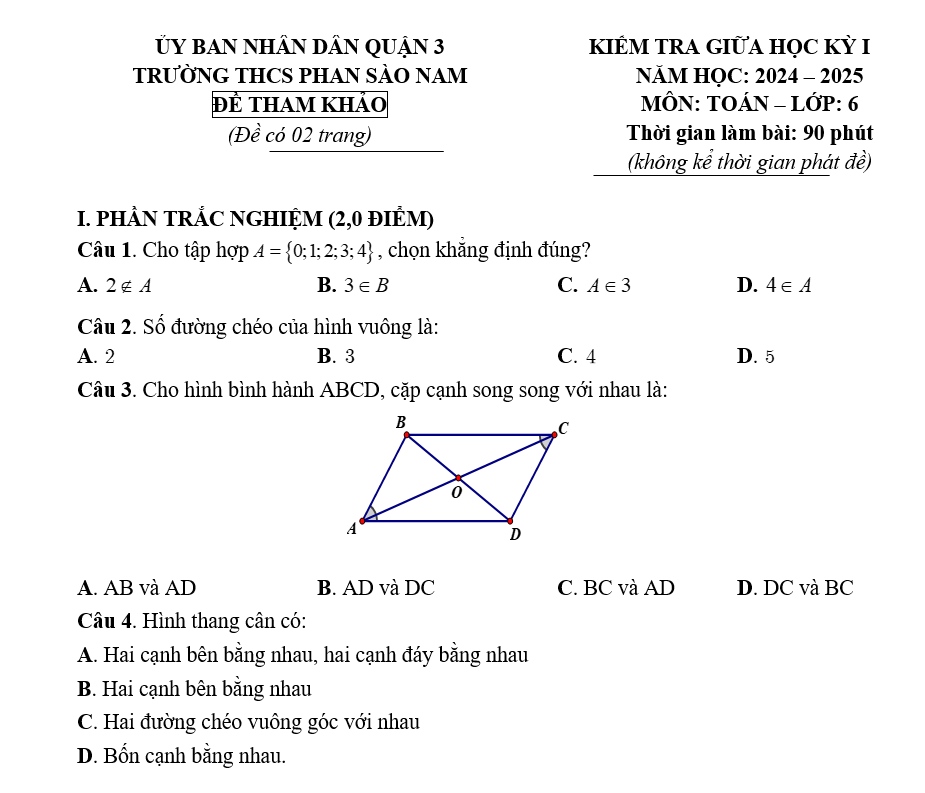 Đề kiểm tra Giữa kì 1 Toán 6