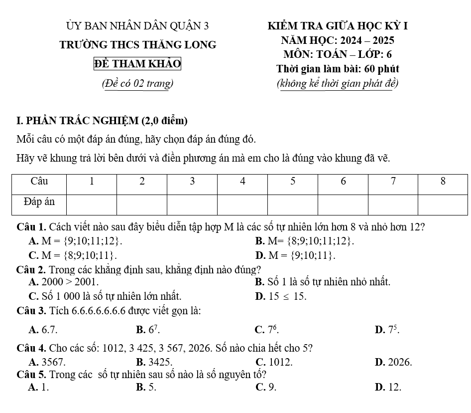 Đề kiểm tra Giữa kì 1 Toán 6