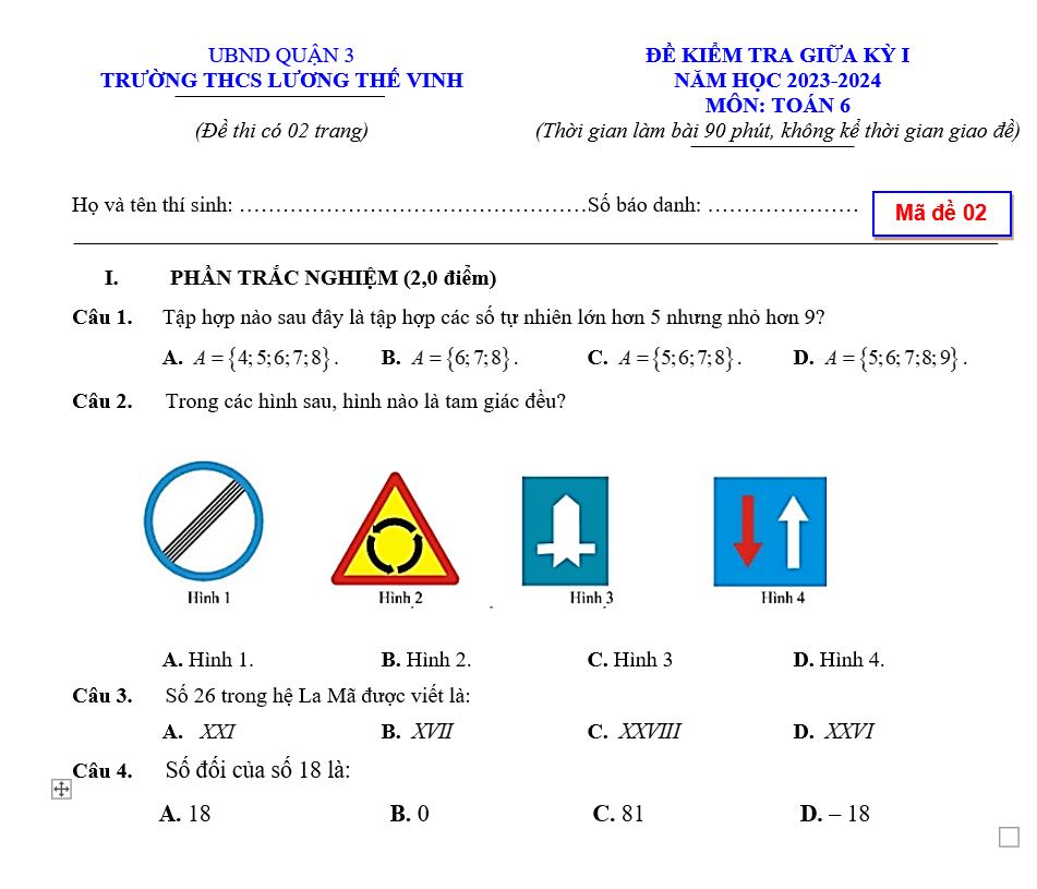 Đề kiểm tra Giữa kì 1 Toán 6