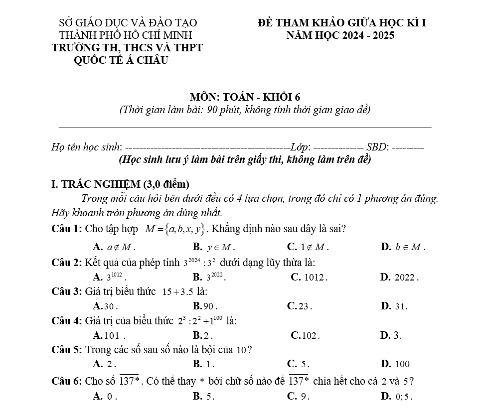 Đề kiểm tra Giữa kì 1 Toán 6