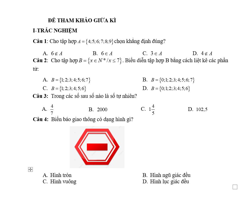 Đề kiểm tra Giữa kì 1 Toán 6