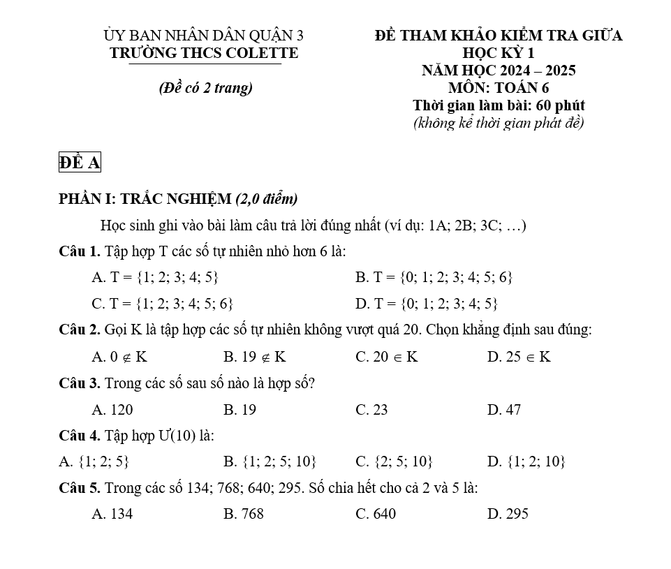 Đề kiểm tra Giữa kì 1 Toán 6