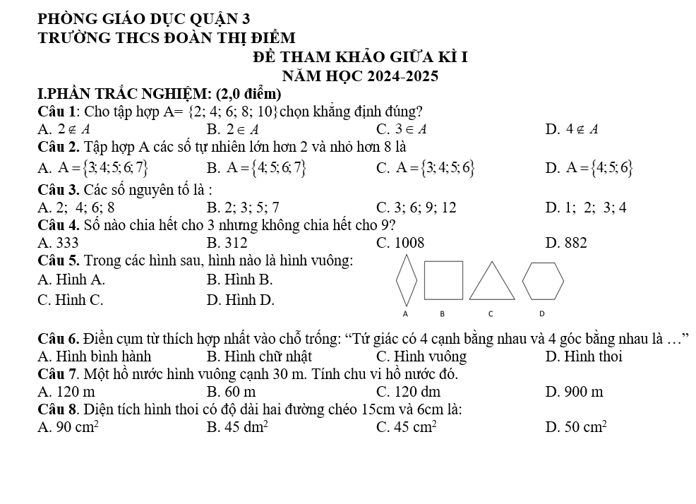 Đề kiểm tra Giữa kì 1 Toán 6