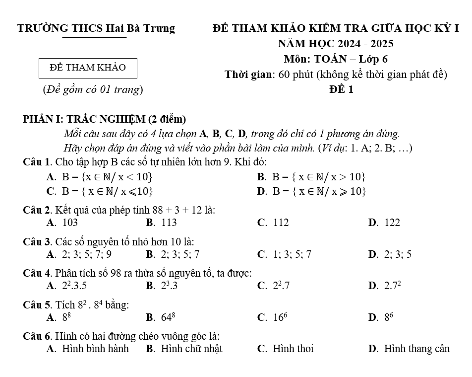 Đề kiểm tra Giữa kì 1 Toán 6