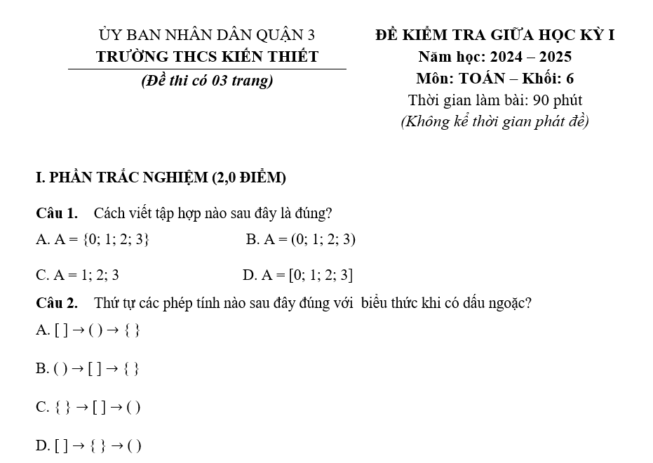 Đề kiểm tra Giữa kì 1 Toán 6