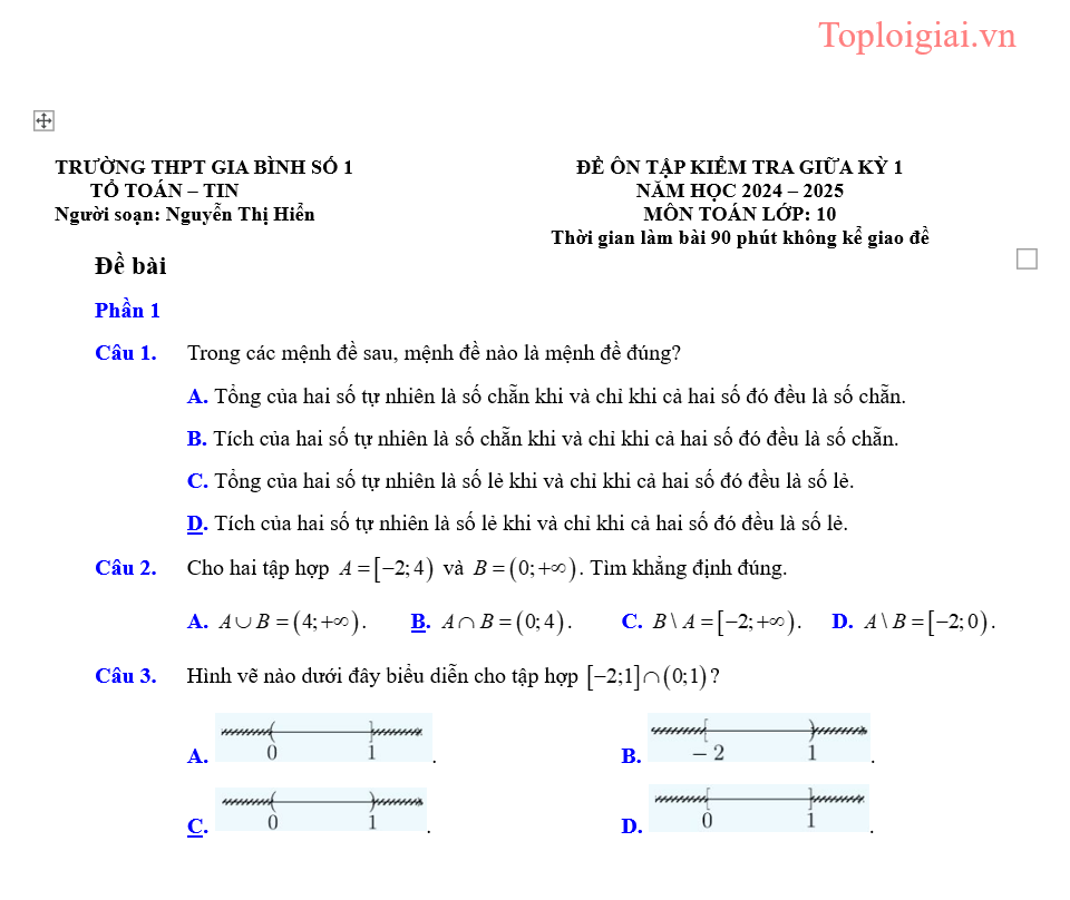 Đề ôn kiểm tra Giữa kì 1 Toán 10