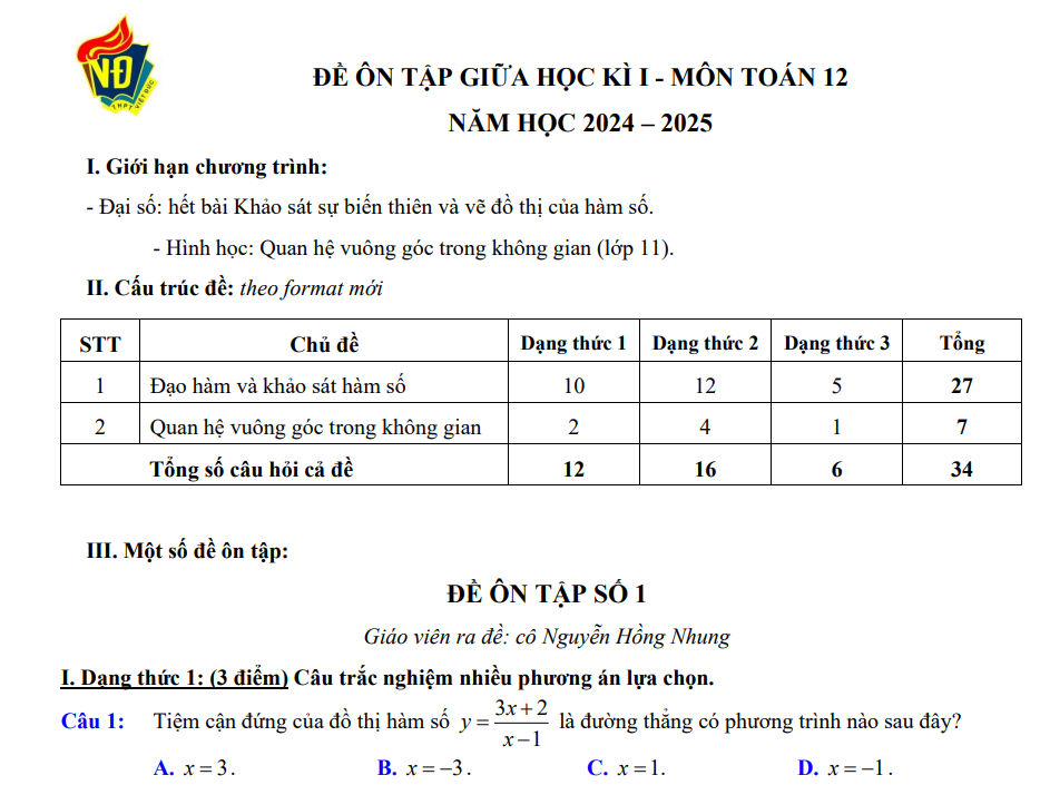 Đề ôn tập kiểm tra Giữa kì 1 Toán 12