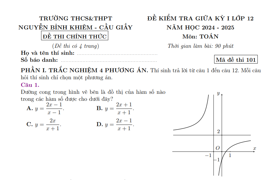 Đề ôn tập kiểm tra Giữa kì 1 Toán 12