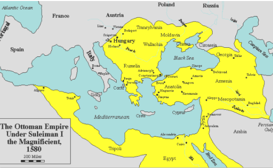 Đế quốc Hồi giáo Ottoman cai trị vùng đất bao quanh biển Địa Trung Hải. 
