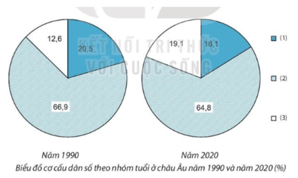 Bài tập 7 trang 13 SBT Địa lí 7: Dựa vào bảng 1 trang 101 SGK, hãy chú thích cho biểu đồ dưới đây và nhận xét về cơ cấu dân số theo nhóm tuổi ở châu Âu năm 1990 và năm 2020.