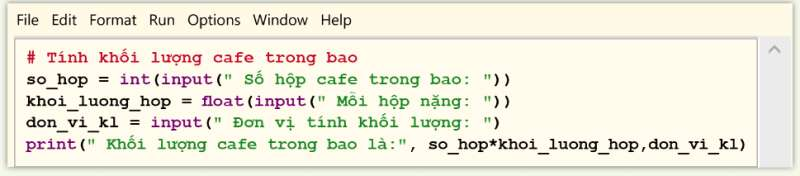 Hoạt động 1 trang 94 Tin học 10 Cánh diều: Em hãy đọc chương trình sau đây và cho biết mỗi biến: so_hop, khoi_luong_hop, don_vi_kl chứa dữ liệu thuộc kiểu nào?