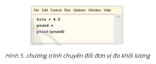 Luyện tập 3 trang 59 Tin học 10 Cánh diều: Em hãy hoàn thiện chương trình ở Hình 5 bằng cách viết biểu thức gán cho biến pound để nhận được chương trình chuyển đổi đơn vị đo khối lượng từ đơn vị ki-lô-gam sang pound