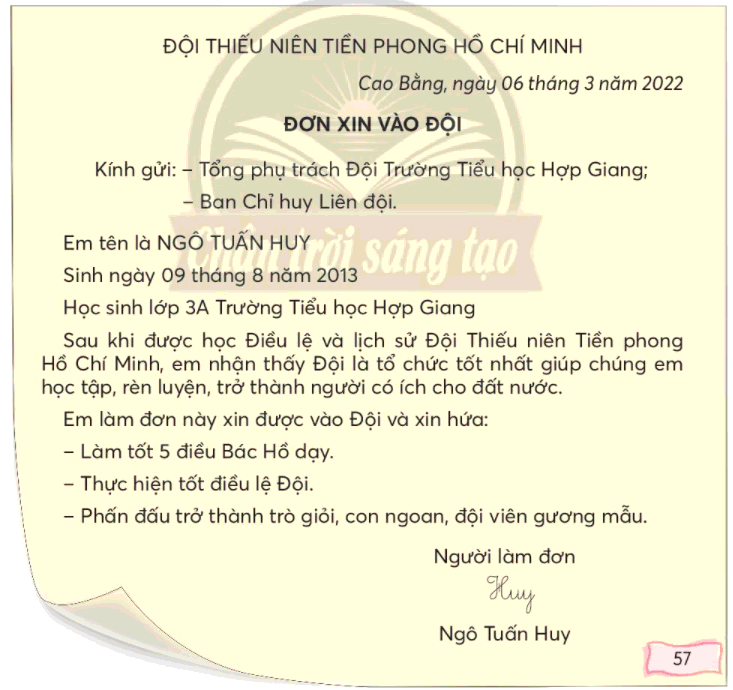 Trả lời câu hỏi Tập 1 Bài 2: Đơn xin vào đội Tiếng Việt lớp 3 - Sách mới Chân Trời Sáng Tạo (ảnh 2)