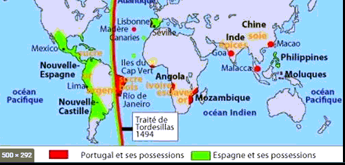 Hiệp ước Tordesillas về phân chia phạm vi ảnh hưởng và quyền chiếm hữu ở châu Mỹ Latinh được ký kết giữa hai quốc gia Tây Ban Nha và Bổ Đào Nha.