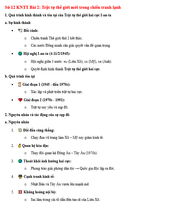 Sổ tay Lý thuyết Sử 12 bài 2 Trật tự thế giới mới trong chiến tranh lạnh