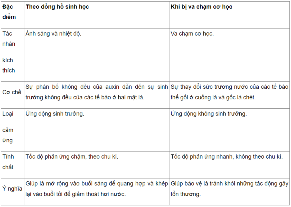 Câu 15.17 trang 52 SBT Sinh học 11: Phân biệt hiện tượng khép và mở lá theo đồng hồ sinh học với hiện tượng khép lá của cây trinh nữ khi bị va chạm cơ học.