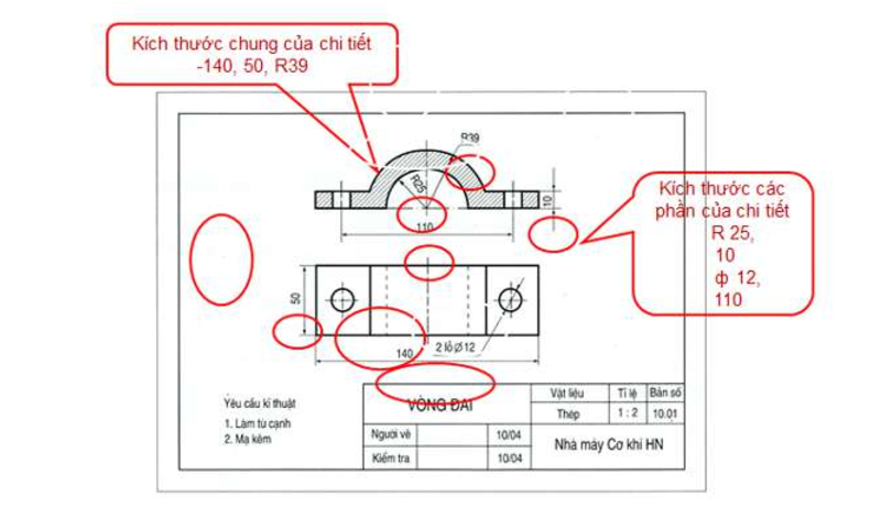 Phần kích thước trong bản vẽ chi tiết dùng để làm gì