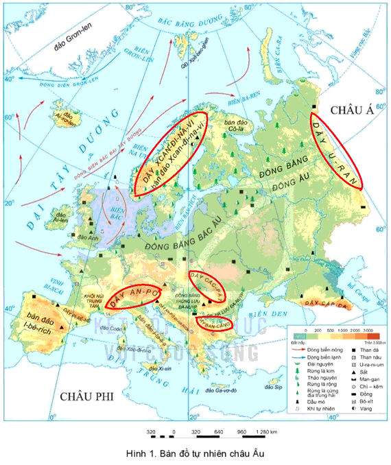 Phân tích đặc điểm các khu vực địa hình chính ở châu Âu. Xác định vị trí một số dãy núi và đồng bằng lớn ở châu Âu