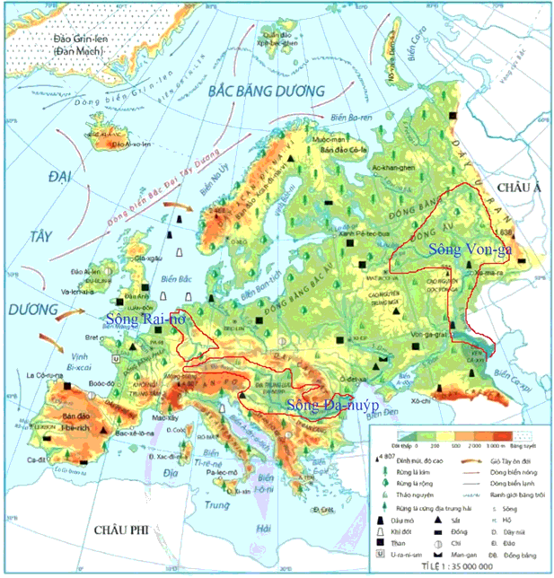 Quan sát hình 1.1, hãy xác định các sông lớn của châu Âu: Rai-nơ, Đa-nuýp, Vôn-ga?