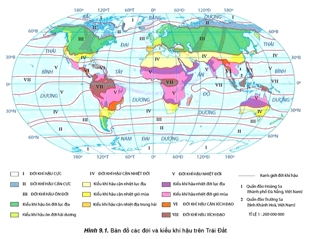 Hãy kể tên các đới khí hậu trên Trái Đất; xác định phạm vi của từng đới theo thứ tự từ xích đạo về cực?