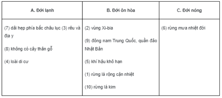 Bài tập 10 trang 22 SBT Địa lí 7: Sắp xếp các cụm từ sau vào ba ô sao cho phù hợp.