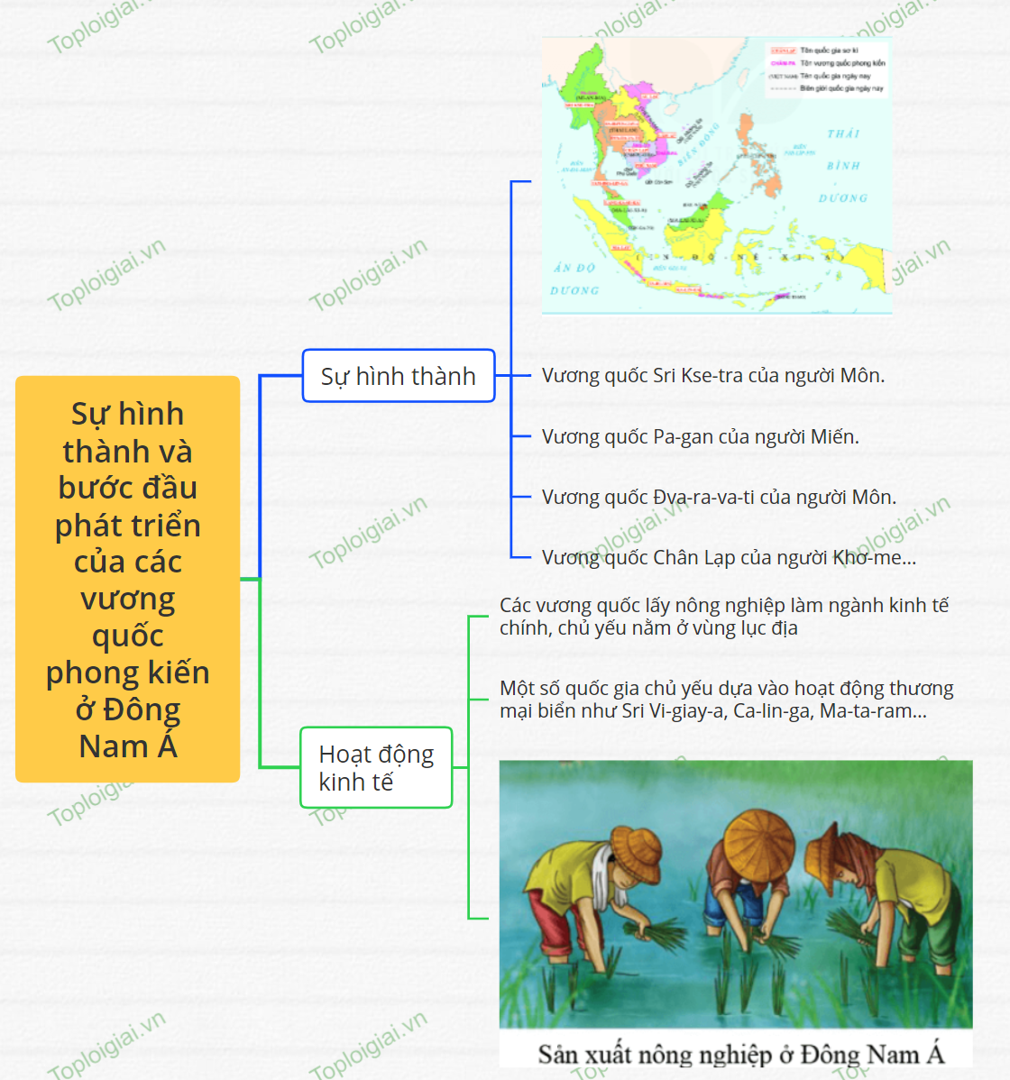 Sơ đồ tư duy Lịch sử 6 Bài 12: Sự hình thành và bước đầu phát triển của các vương quốc phong kiến ở Đông Nam Á