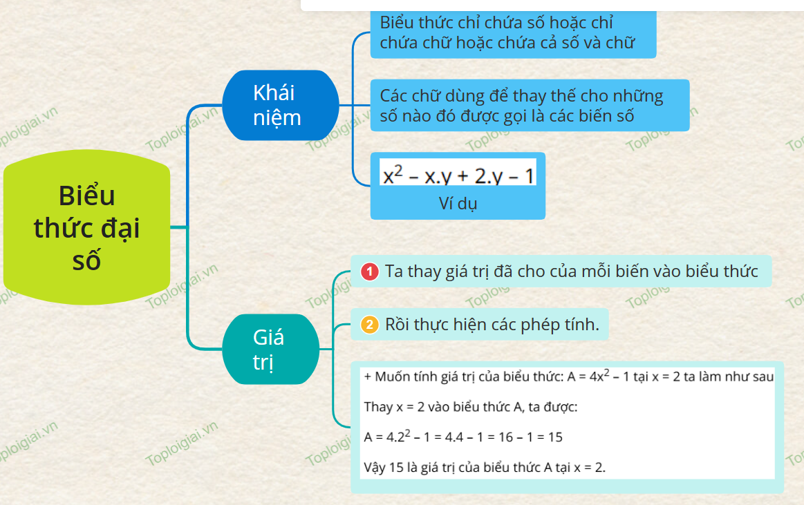 Sơ đồ tư duy Toán 7 chương 7: Biểu thức đại số và đa thức một biến