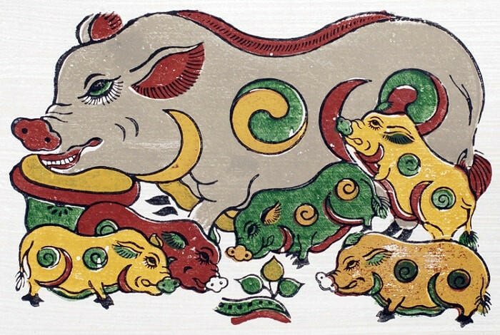 Trong số những màu sắc được nhắc tới ở đoạn (2) văn bản Tranh Đông Hồ - Nét tinh hoa của văn hóa dân gian Việt Nam, tranh “Lợn đàn” đã sử dụng những màu sắc nào?