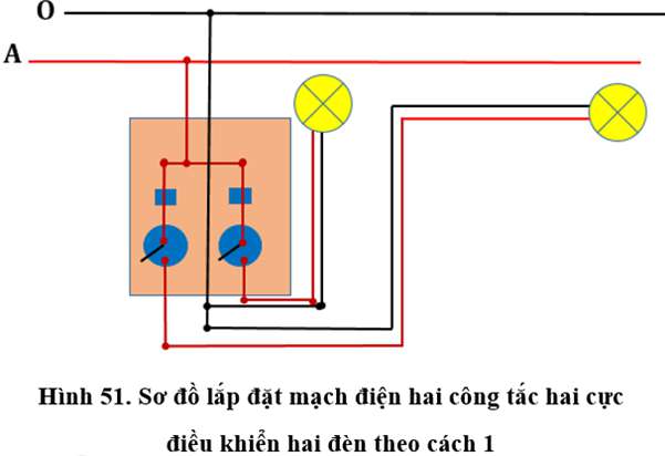 Vẽ sơ đồ lắp đặt mạch điện hai công tắc hai cực điều khiển hai đèn