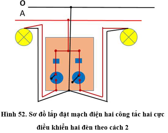 Vẽ sơ đồ lắp đặt mạch điện hai công tắc hai cực điều khiển hai đèn (ảnh 3)