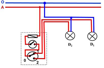 Vẽ sơ đồ lắp đặt mạch điện một công tắc ba cực điều khiển hai đèn (ảnh 2)