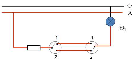 Vẽ sơ đồ nguyên lý mạch điện hai công tắc ba cực điều khiển một đèn (ảnh 4)