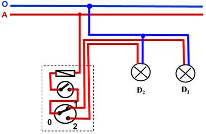 Vẽ sơ đồ nguyên lý và sơ đồ lắp đặt mạch điện 1 công tắc 3 cực điều khiển 2 đèn (ảnh 2)
