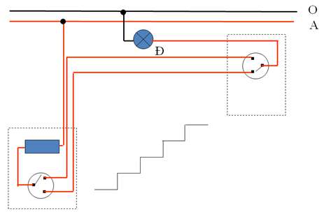 Vẽ sơ đồ nguyên lý và sơ đồ lắp đặt mạch điện hai công tắc ba cực điều khiển một đèn (ảnh 5)