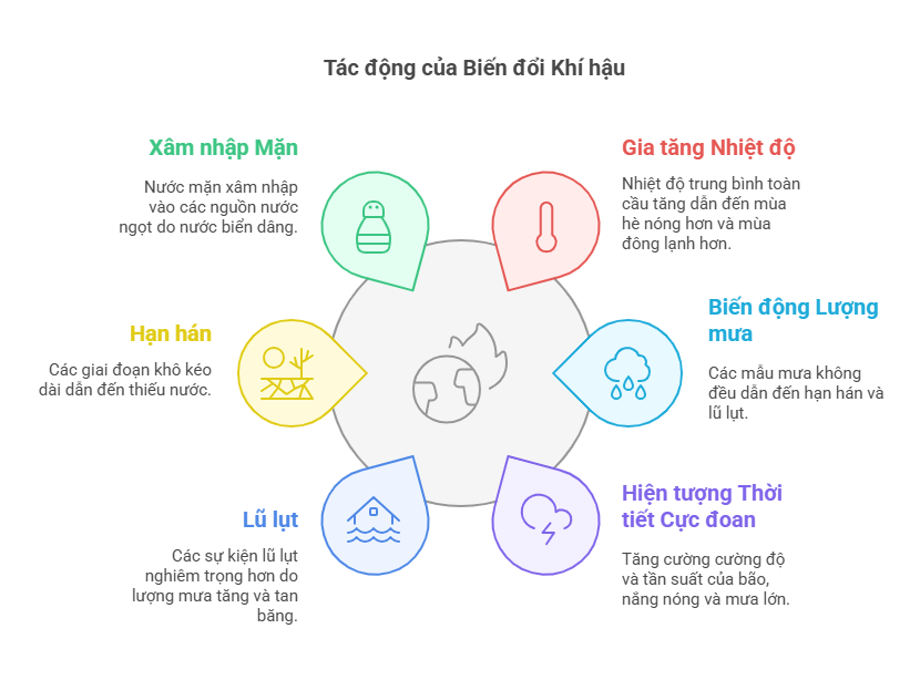 Vẽ sơ đồ thể hiện tác động của biến đổi khí hậu đến khí hậu và thuỷ văn Việt Nam - Mẫu 2