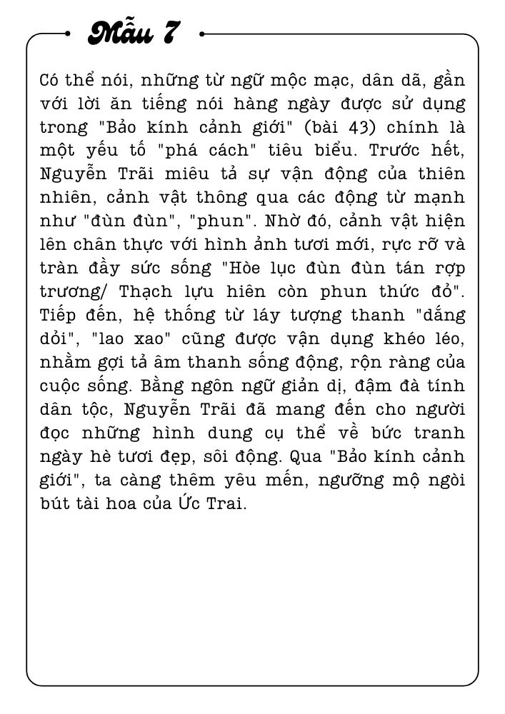 Viết đoạn văn khoảng 150 chữ phân tích một yếu tố phá cách trong Bảo kính cảnh giới bài 43