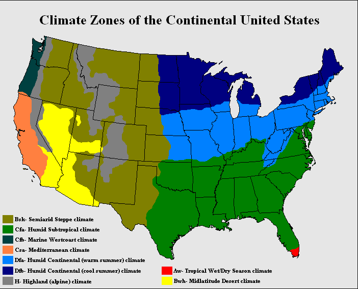 Vùng trung tâm Hoa Kỳ có những kiểu khí hậu nào?