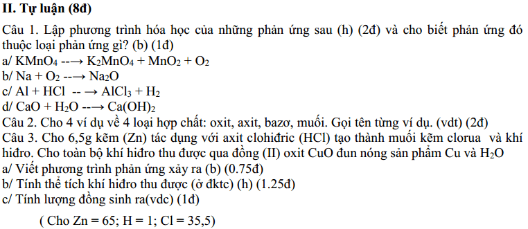 Đề thi Học kì 2 Hóa 8 có đáp án | Tuyển tập 100 đề thi Hóa 8 năm 2019 hay nhất