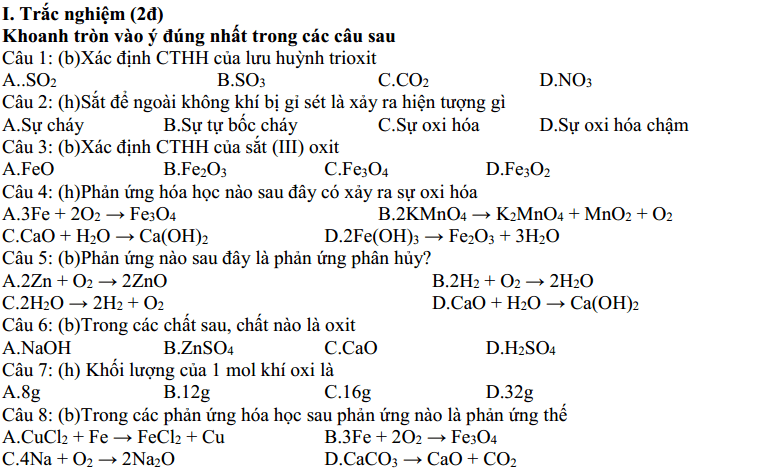 Đề thi Học kì 2 Hóa 8 có đáp án | Tuyển tập 100 đề thi Hóa 8 năm 2019 hay nhất