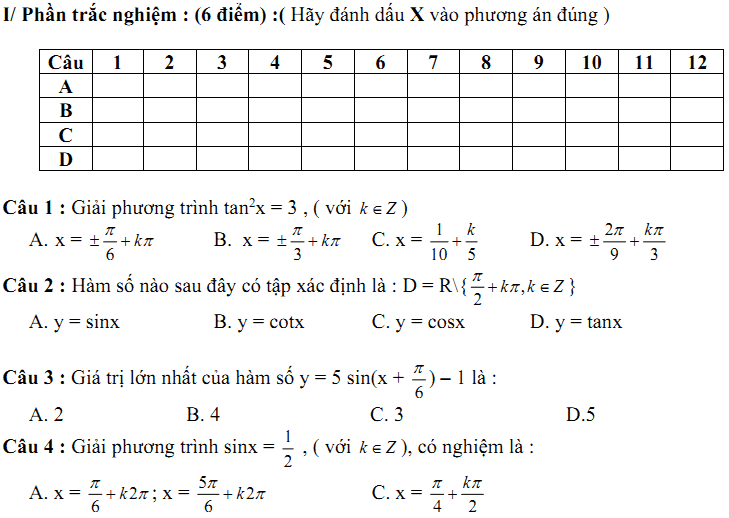 Đề kiểm tra 1 tiết Toán 11 Chương 1 Đại số - Đề 2 - Toploigiai